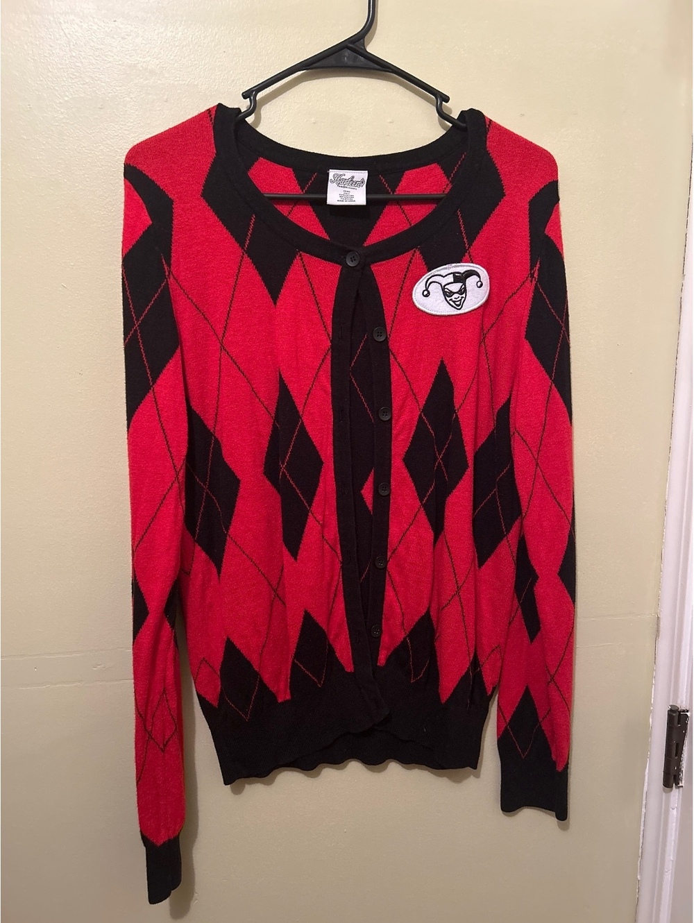 Hartleens Red and Black Argyle Cardigan Sweater XL Cotton Blend